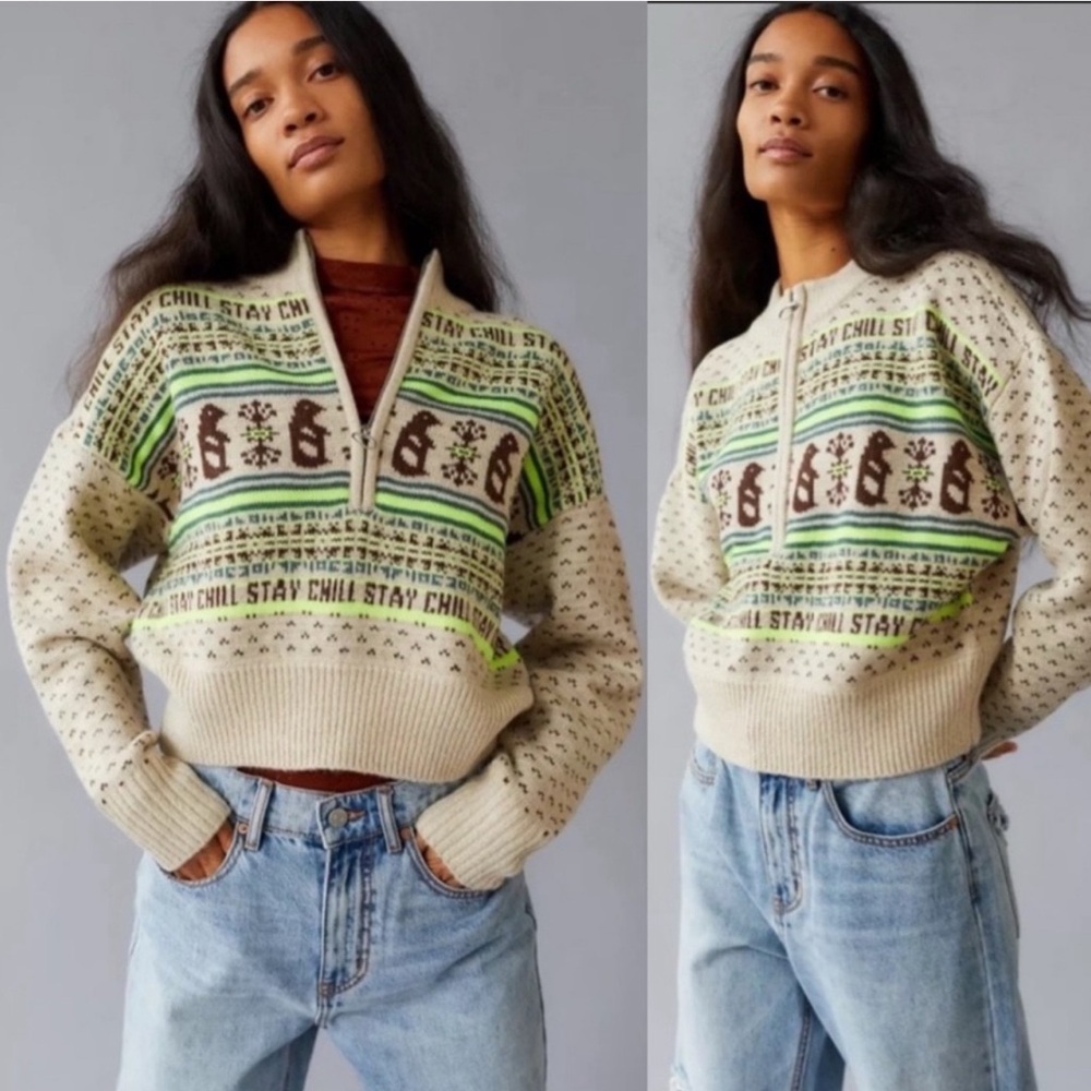 Urban Outfitters BDG Jesse Half Zip Sweater‎ Neutral Bears Stay Chill Retro XS